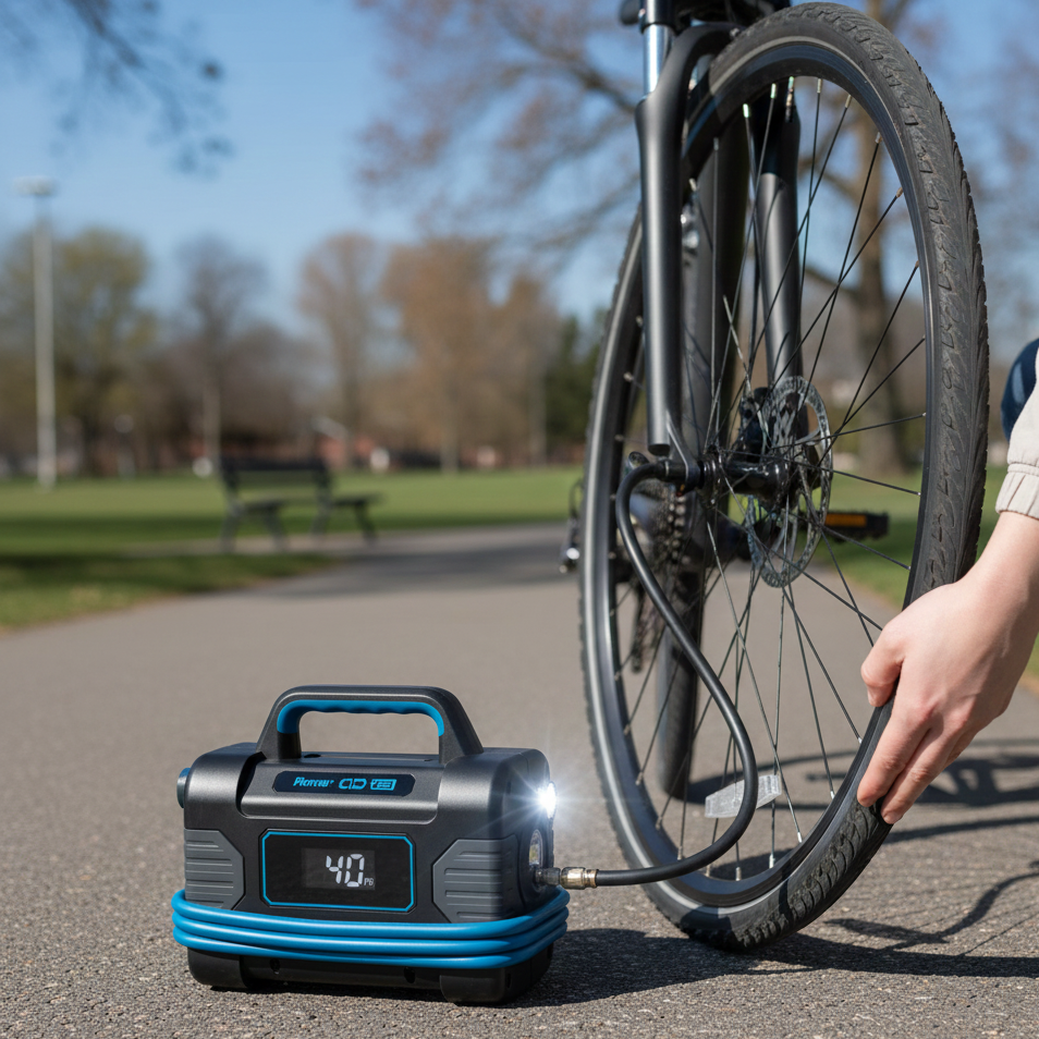 Person using a portable air compressor to inflate a bicycle tire outdoors.