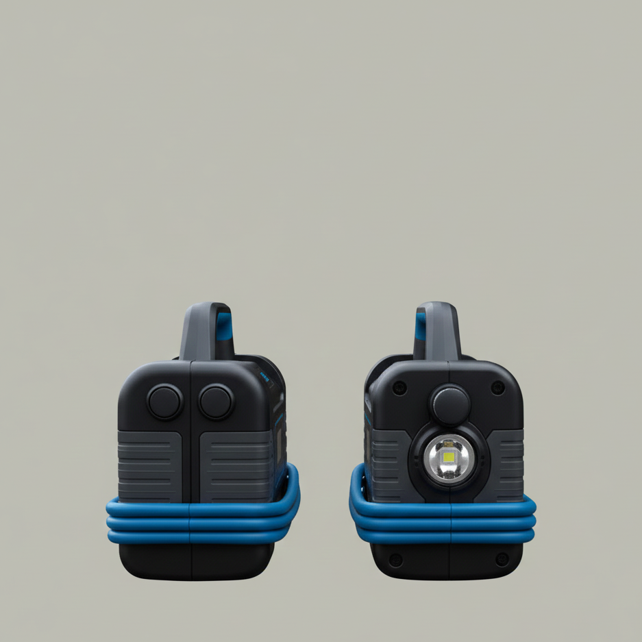 Two black and blue devices on a gray background
